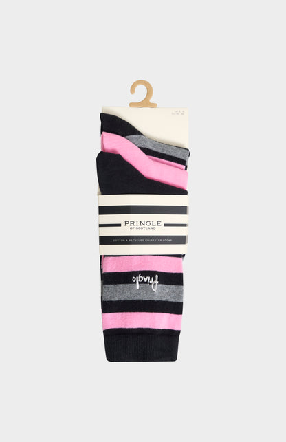 3-pack of Pringle Women’s Cotton Stripe Socks in Black, Grey & Pink