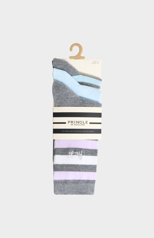 3-pack of Pringle Women’s Cotton Stripe Socks in Grey, Blue, Lilac & White