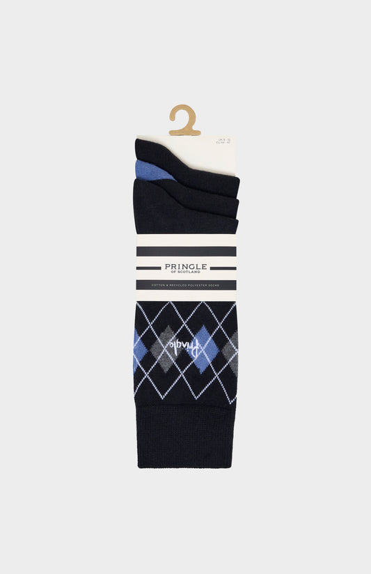 A pair of black socks with blue accents and Pringle logo embroidery