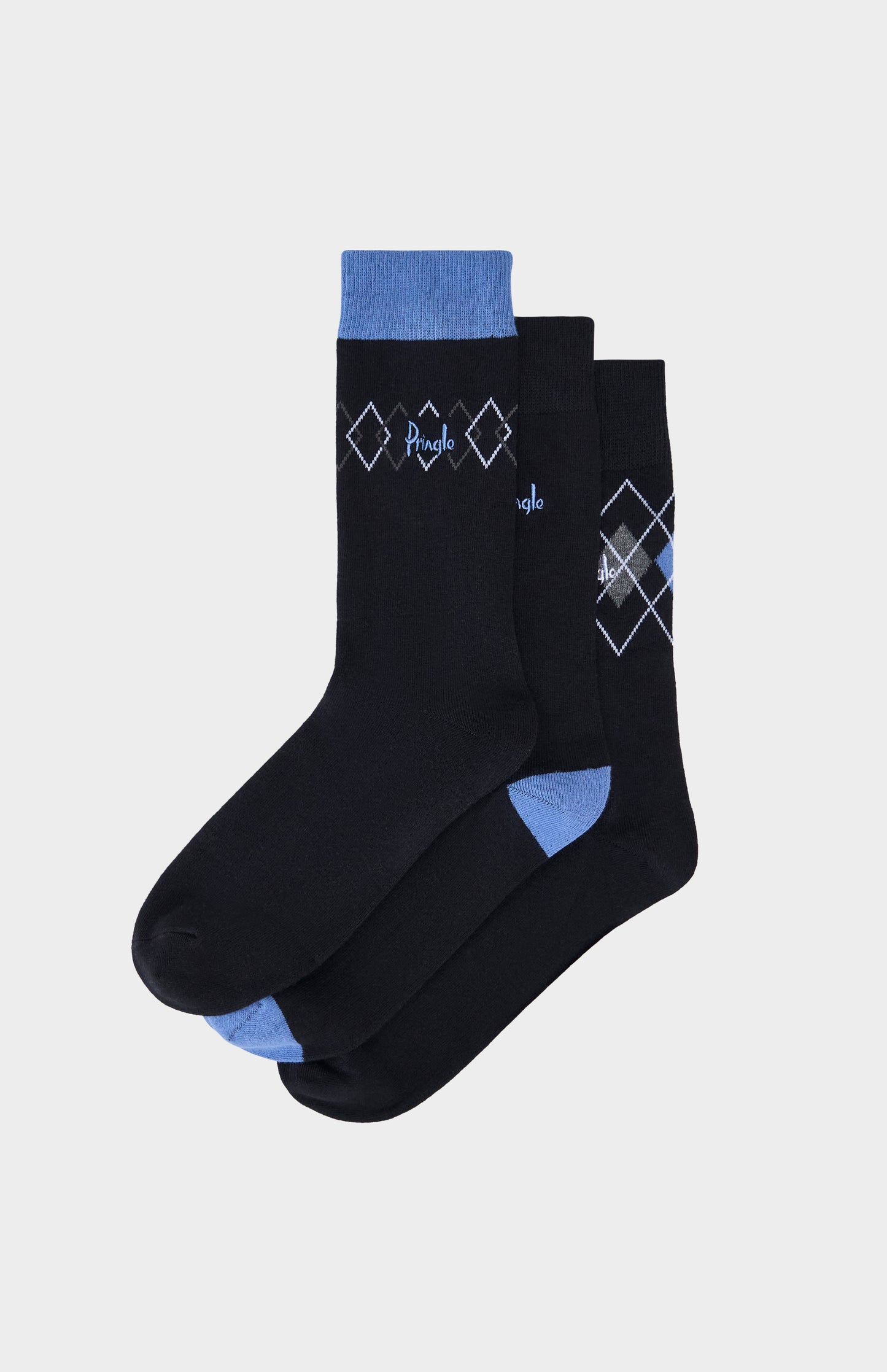A pair of black socks with blue accents and Pringle logo embroidery
