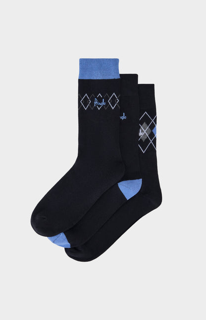 A pair of black socks with blue accents and Pringle logo embroidery