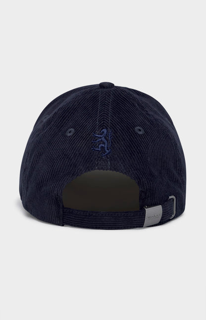 Navy corduroy cap with tonal lion logo on the back