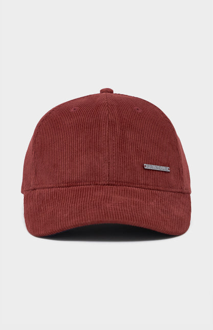 Red corduroy baseball cap, with metal badging  