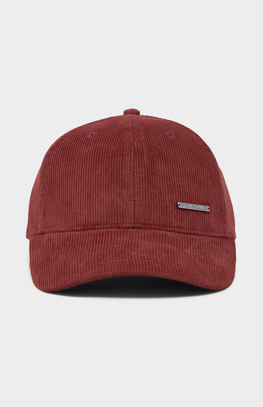 Red corduroy baseball cap, with metal badging  