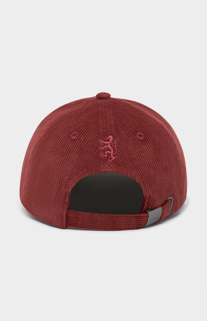 Red corduroy baseball cap, with tonal lion logo on the back