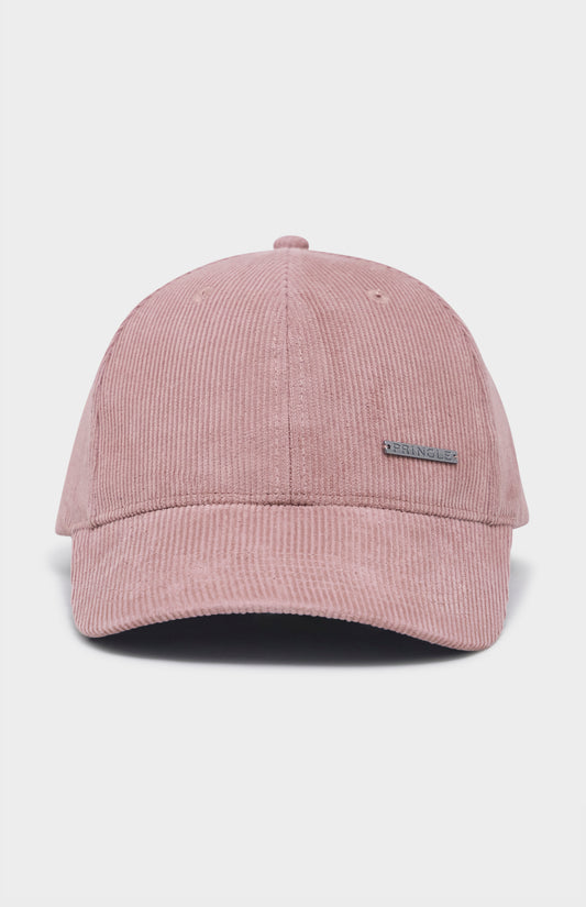 Dusty pink corduroy baseball cap with metal badging on the front