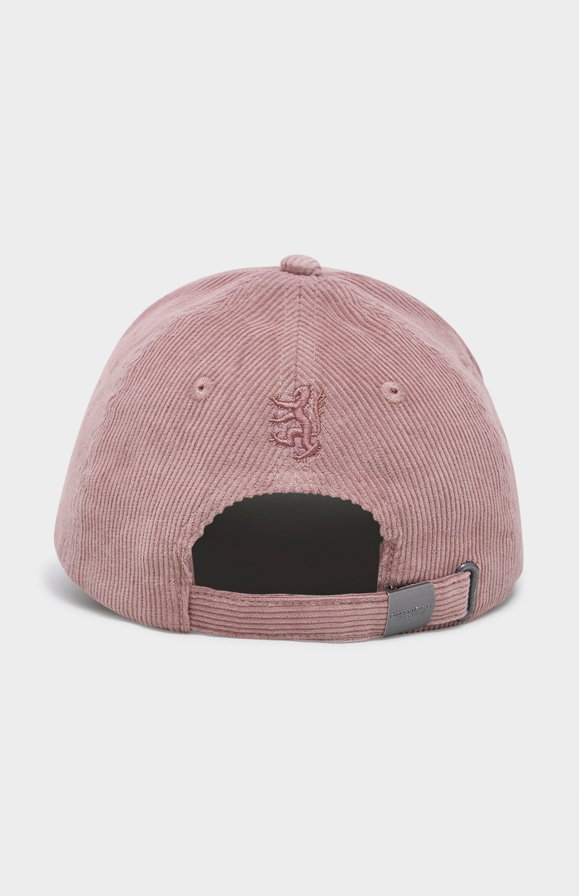Pink corduroy cap with a logo on the back against a white background