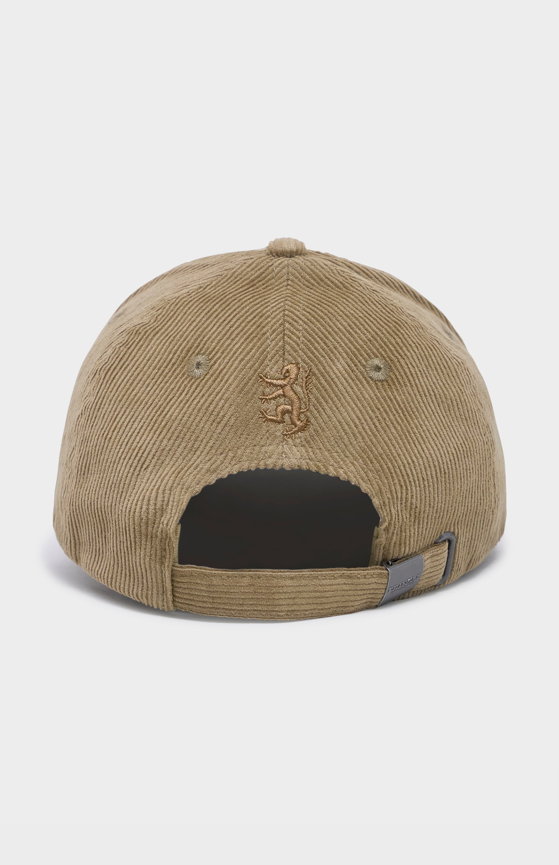 Beige cap with a small logo on a light gray background