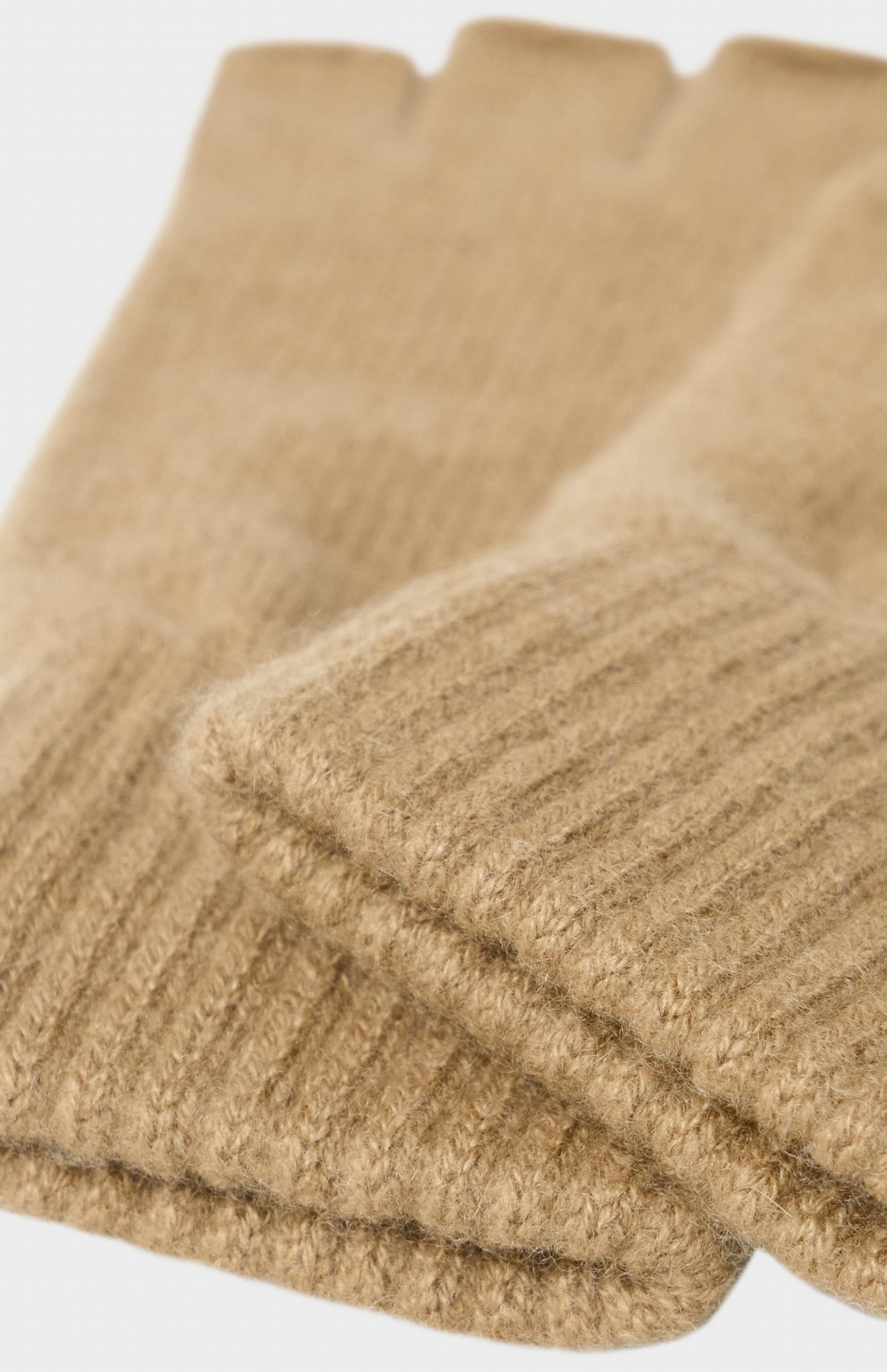 Pringle of Scotland Fingerless Cashmere Gloves In Camel showing cuff detail