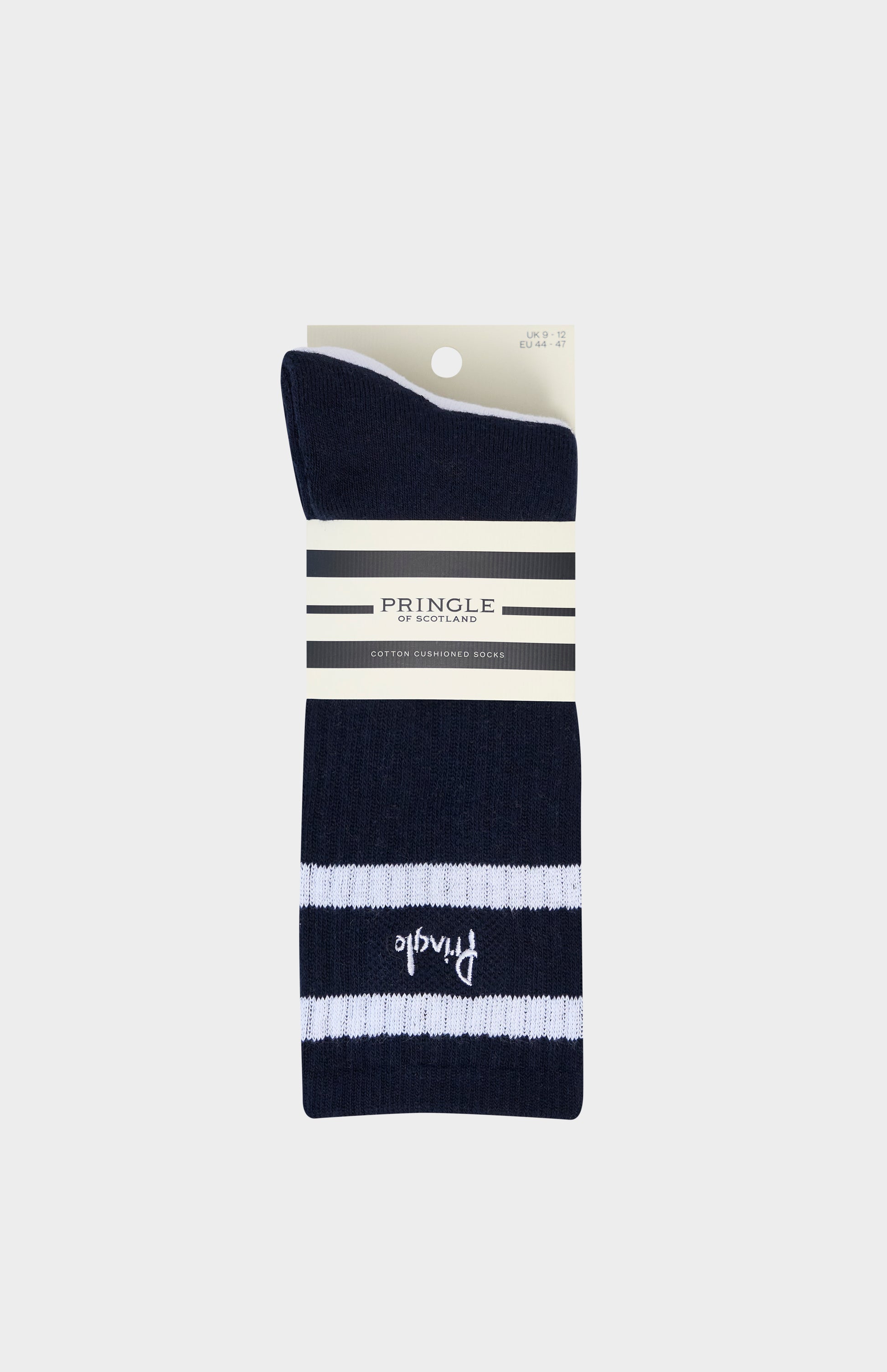 Black and white striped sock with Pringle branding on a white background