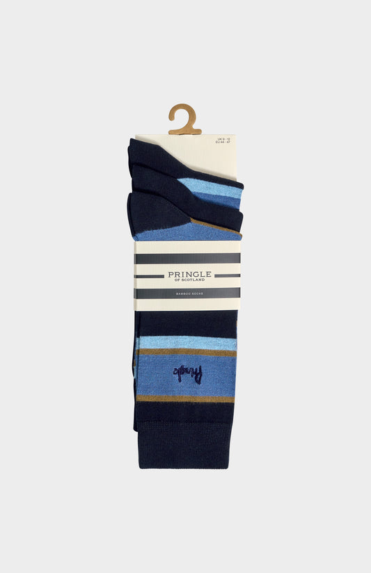 Pringle Men’s Bamboo Jacquard Stripe Socks in Multi Blue in 3 pack