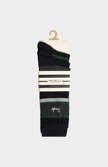 Pringle Men’s Bamboo Jacquard Stripe Socks in Black, Charcoal and Green in 3 pack