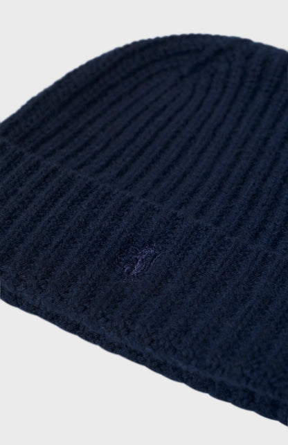 Pringle of Scotland Ribbed Chunky Cashmere Beanie In Navy showing embroidery detail