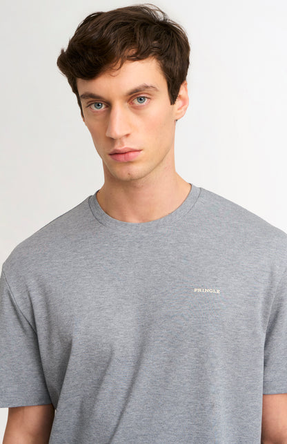 Man wearing a gray t-shirt with a brand logo on a white background
