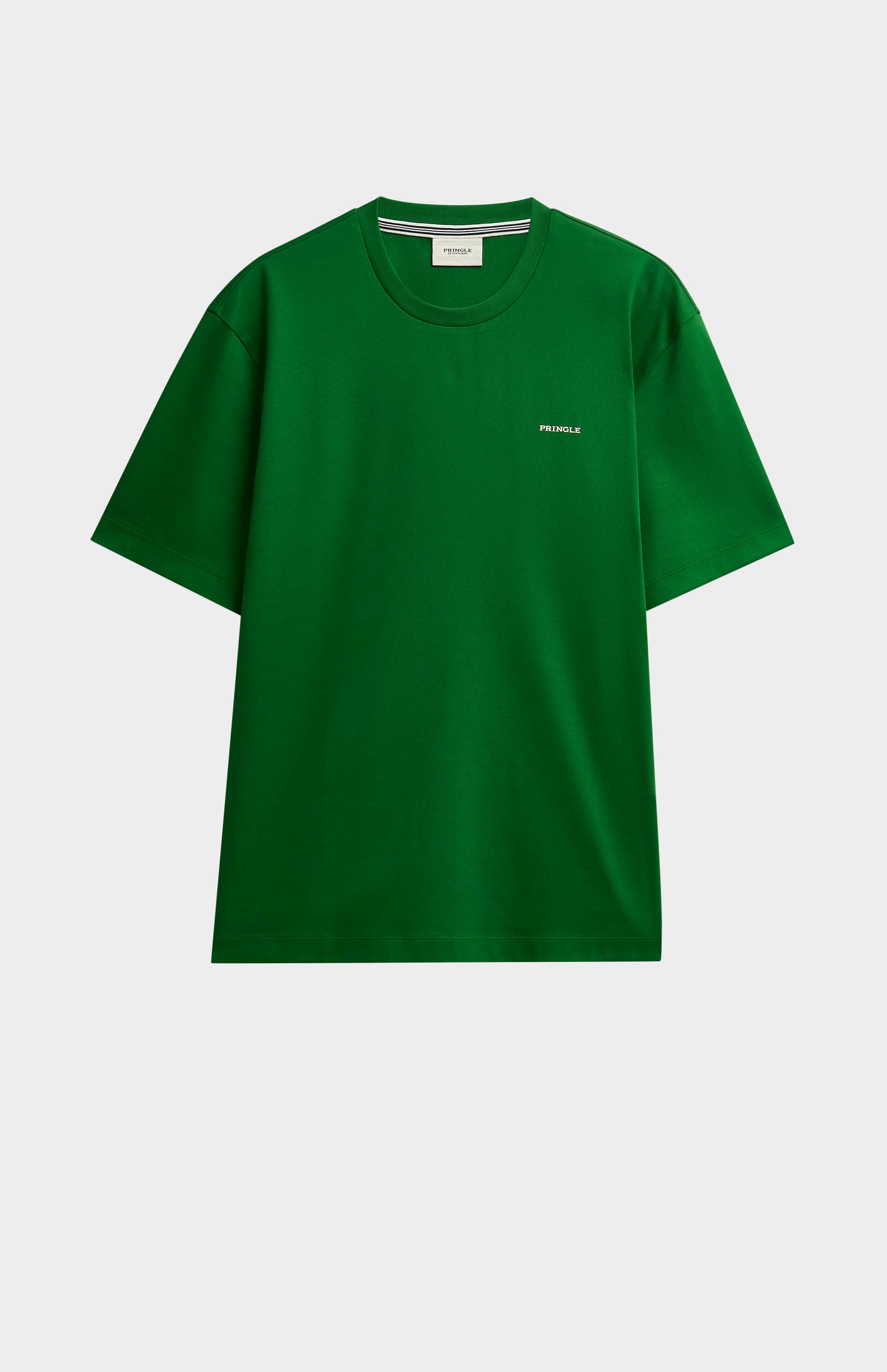 Green t-shirt with a small PRINGLE logo on a light gray background