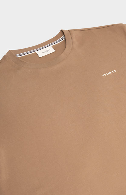 Brown t-shirt with a small logo on a white background