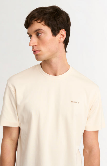 Man wearing an Ecru t-shirt on a white background