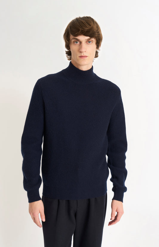 Pringle of Scotland Men’s Cashmere Mock Neck Jumper In Navy Blue on model