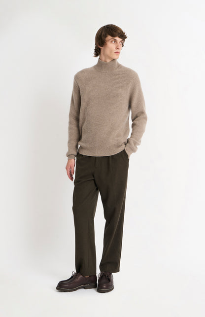 Pringle Men’s Cashmere mock Neck Jumper In Mushroom Melange on standing model