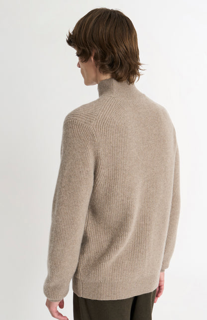 Pringle Men’s Cashmere mock Neck Jumper In Mushroom Melange rear view