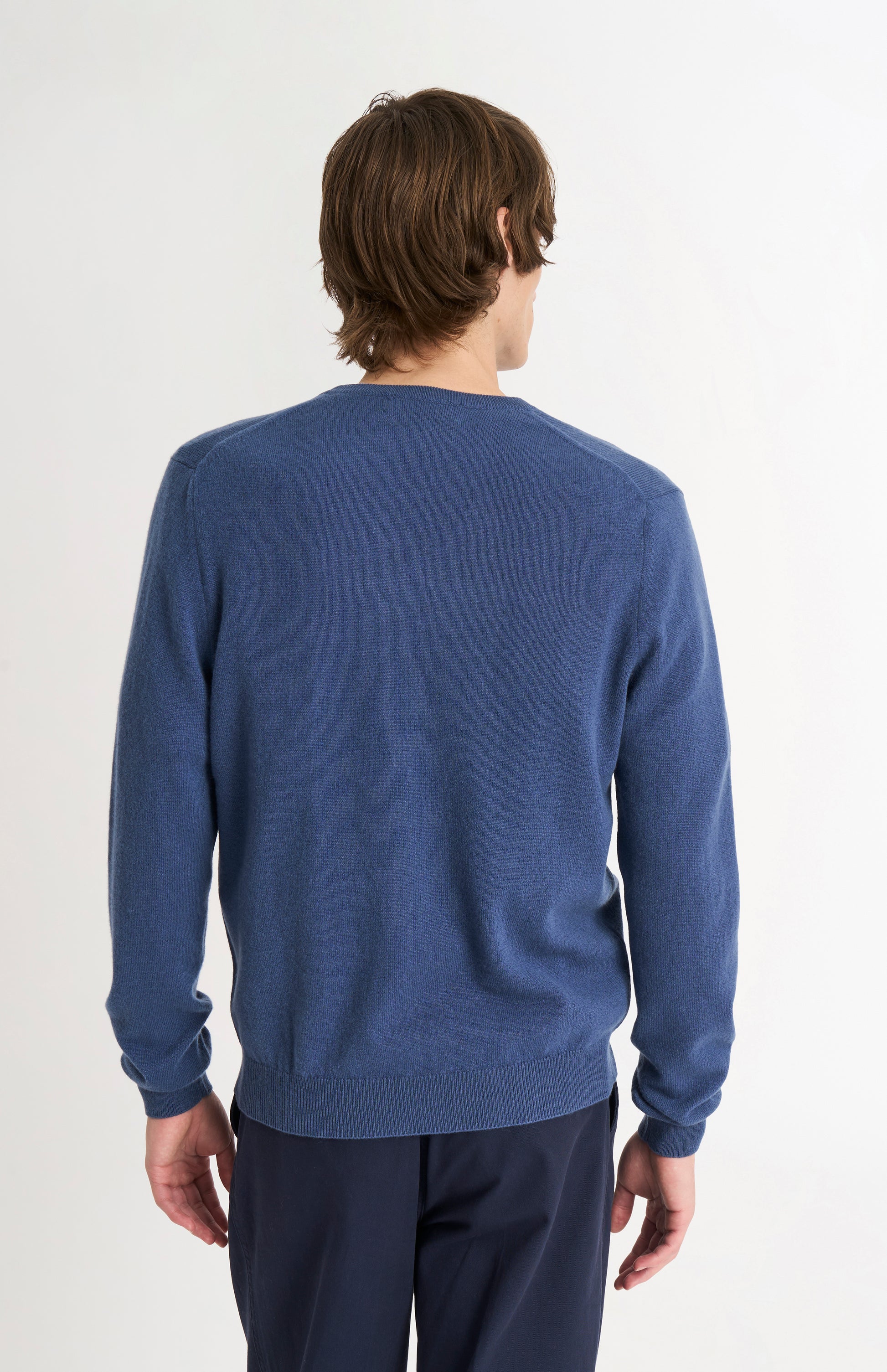 Pringle of Scotland Men’s Cashmere V-Neck Jumper In Bering Sea Blue rear view