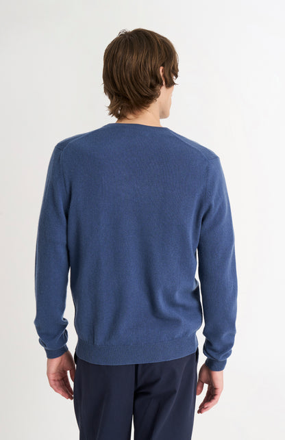 Pringle of Scotland Men’s Cashmere V-Neck Jumper In Bering Sea Blue rear view