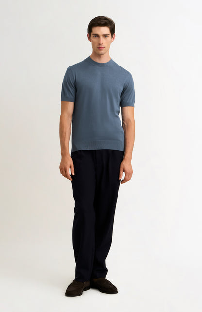 Men's Silk And Cotton Knitted Tee In Blue