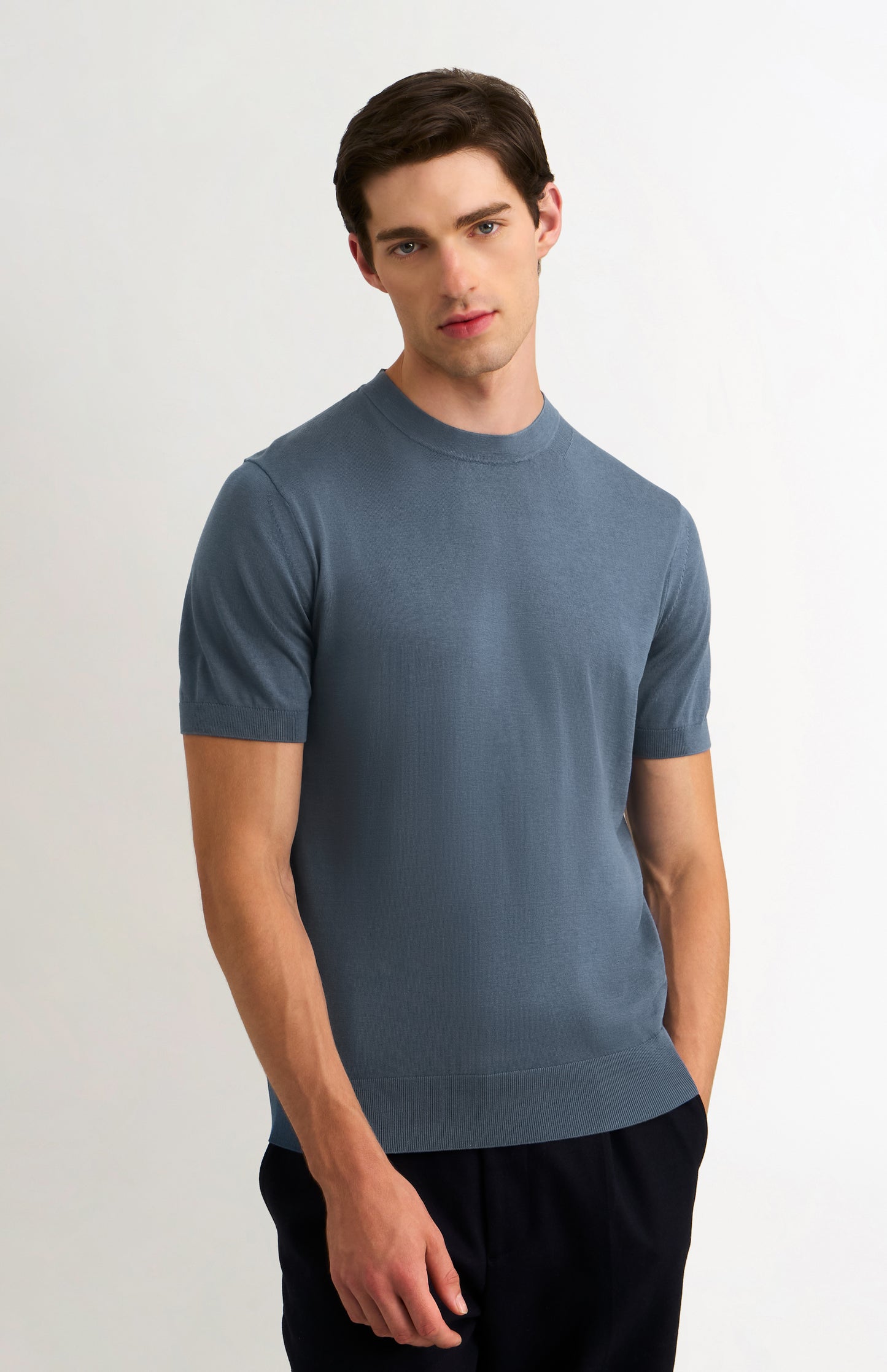 Men's Silk And Cotton Knitted Tee In Blue