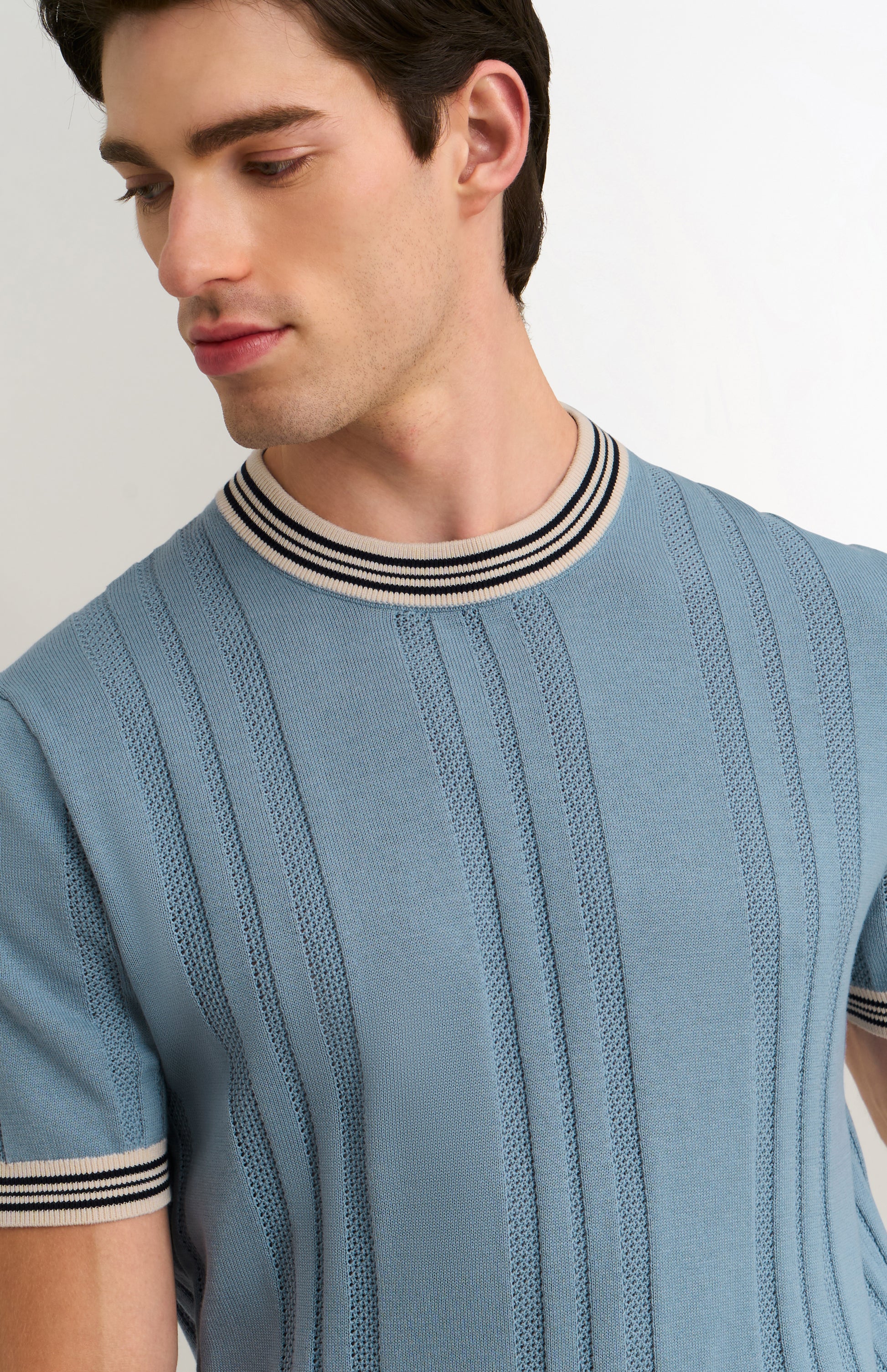 Men's Cotton And Silk Textured House Stripe T-shirt In Light Blue