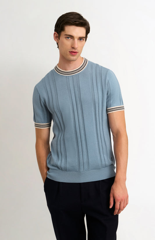 Men's Cotton And Silk Textured House Stripe T-shirt In Light Blue