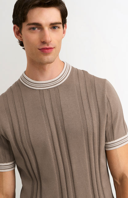 Men's Cotton And Silk Textured House Stripe T-shirt In Mushroom