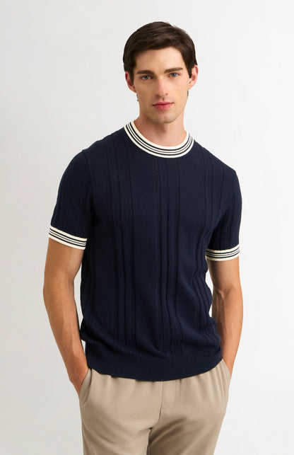 Men's Cotton And Silk Textured House Stripe T-shirt In Navy