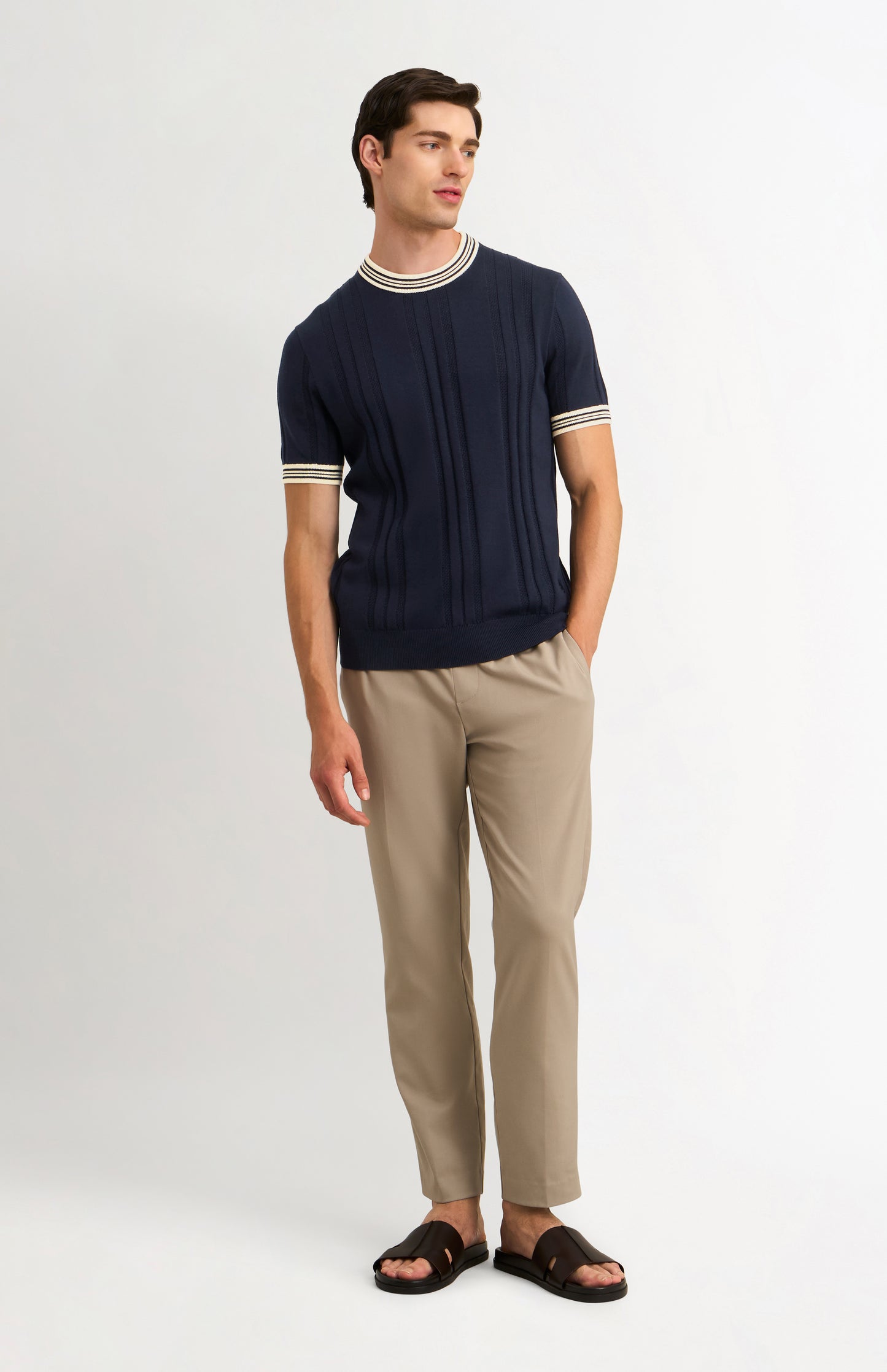 Men's Cotton And Silk Textured House Stripe T-shirt In Navy