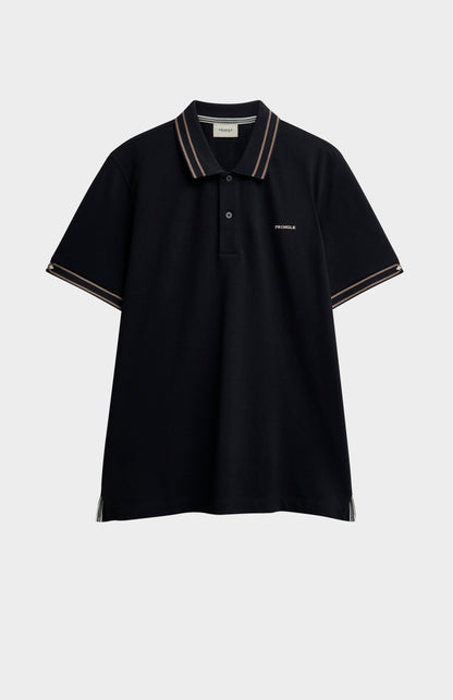 Men's Cotton Pique Polo Shirt With Diamond Jacquard Collar In Black