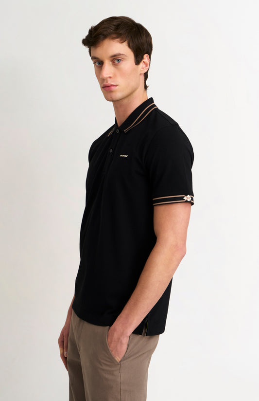 Men's Cotton Pique Polo Shirt With Diamond Jacquard Collar In Black