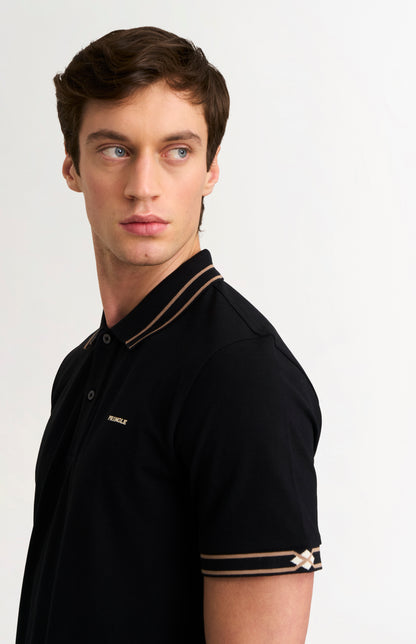 Men's Cotton Pique Polo Shirt With Diamond Jacquard Collar In Black