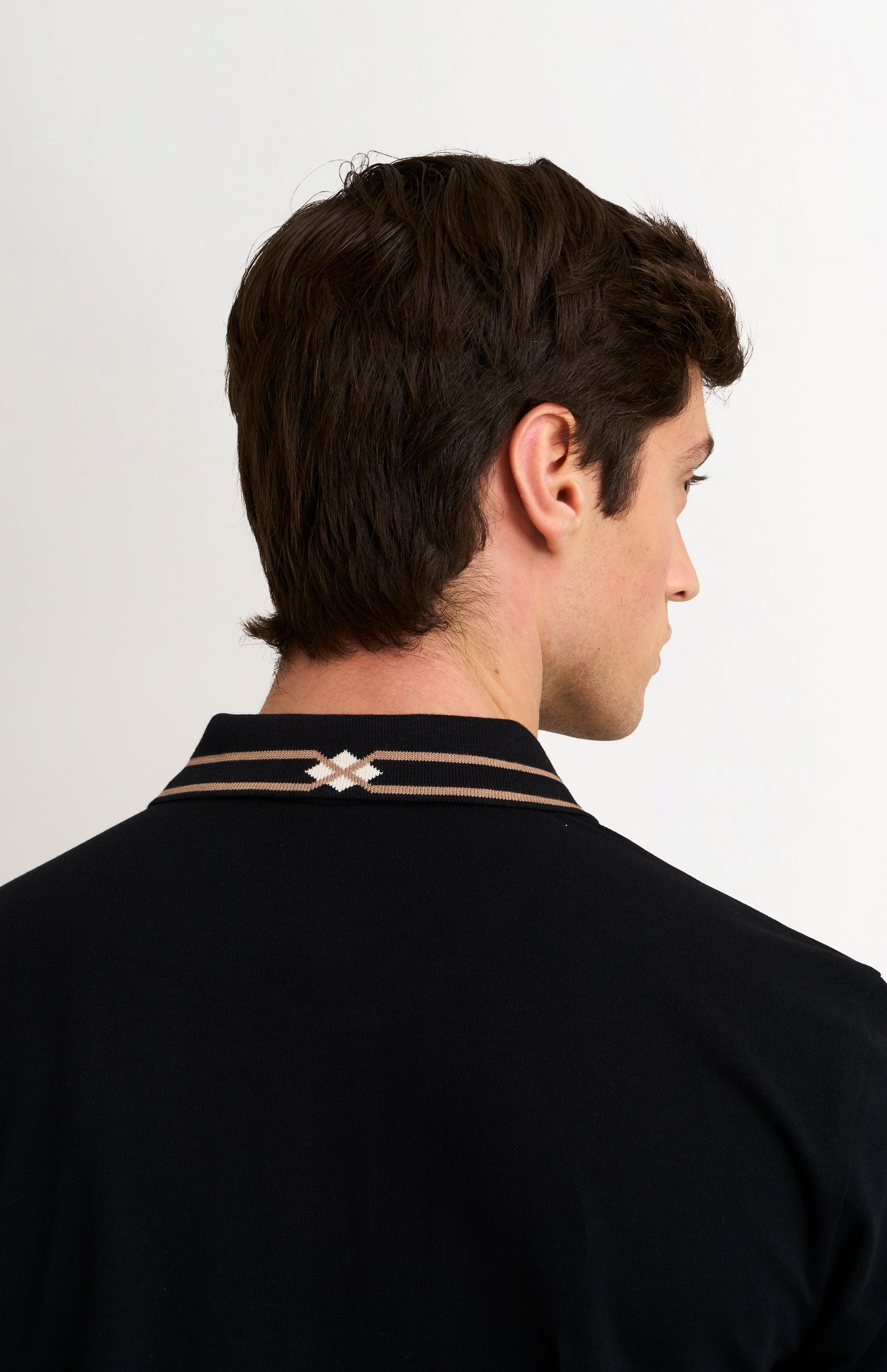 Men's Cotton Pique Polo Shirt With Diamond Jacquard Collar In Black