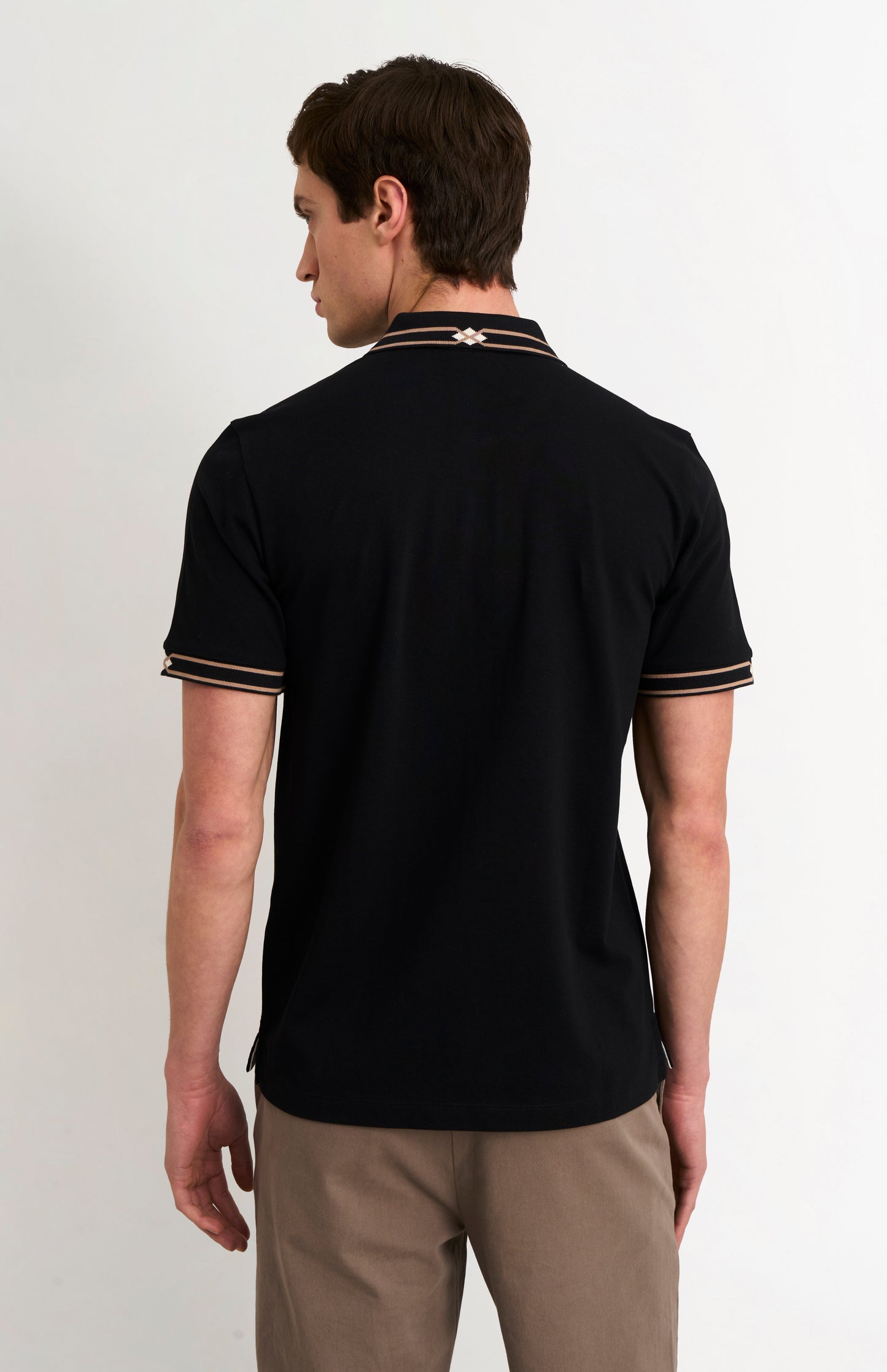 Men's Cotton Pique Polo Shirt With Diamond Jacquard Collar In Black
