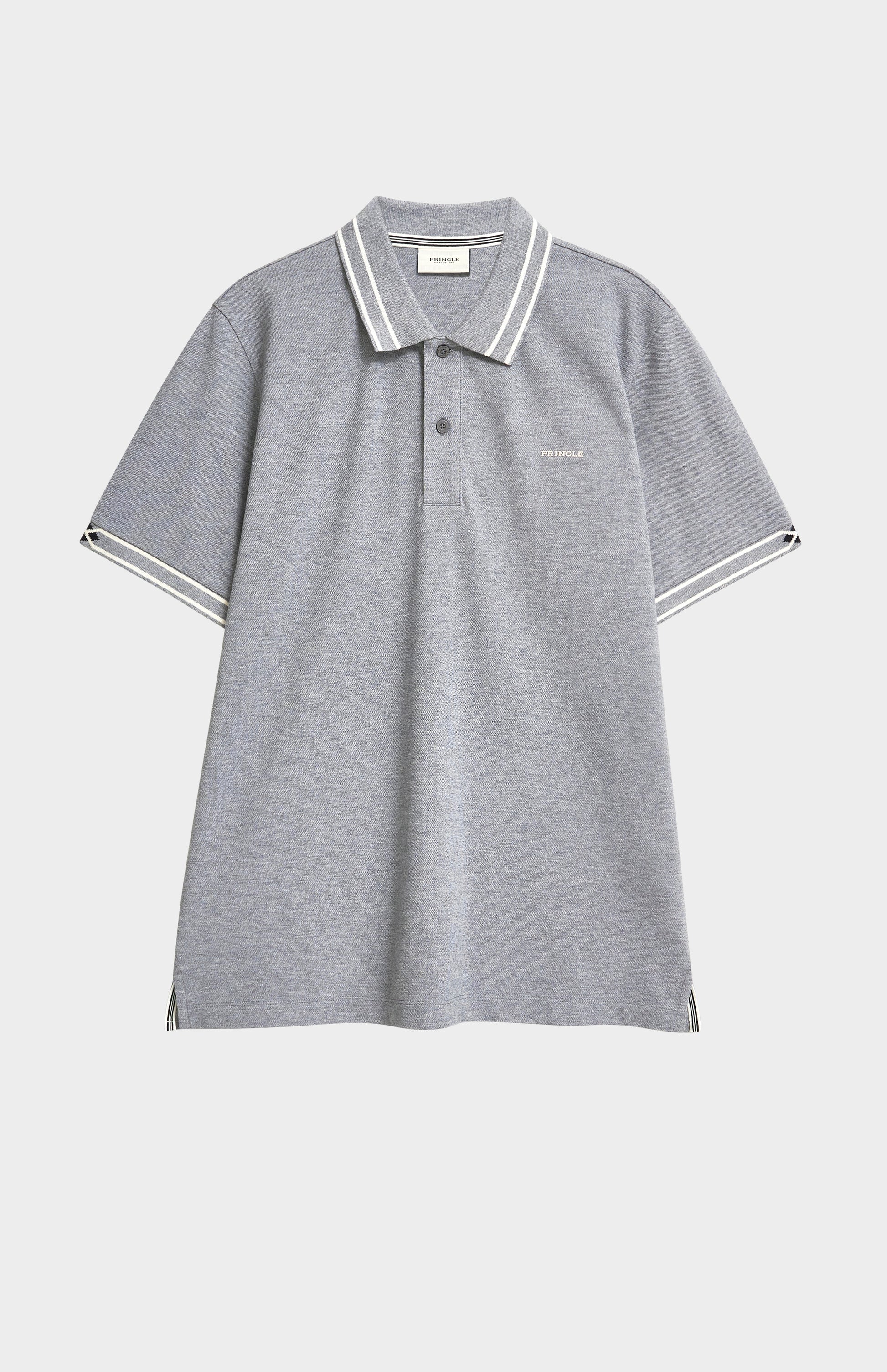 Gray polo shirt with white trim on a light gray background