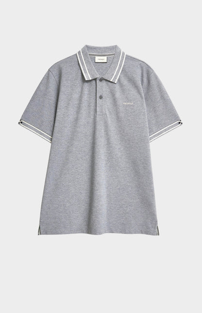 Gray polo shirt with white trim on a light gray background