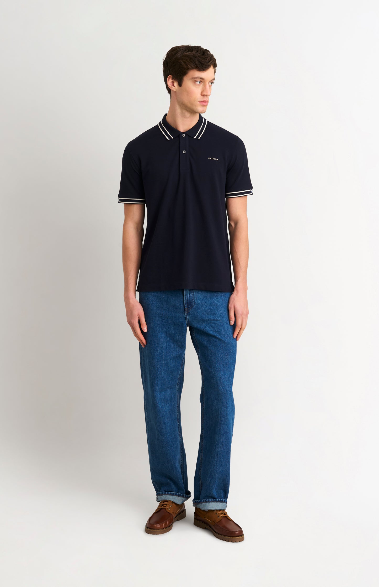Men's Cotton Pique Polo Shirt With Diamond Jacquard Collar In Navy