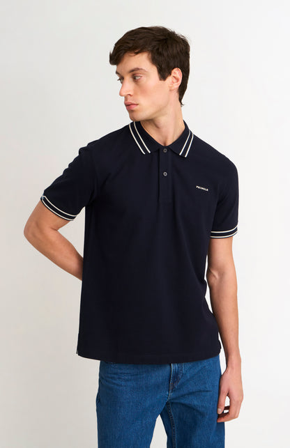 Men's Cotton Pique Polo Shirt With Diamond Jacquard Collar In Navy