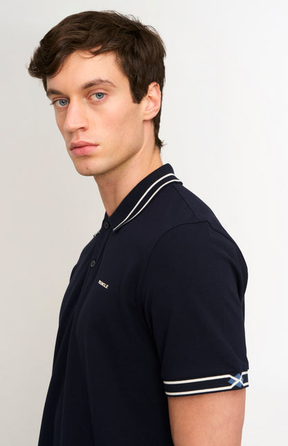 Men's Cotton Pique Polo Shirt With Diamond Jacquard Collar In Navy