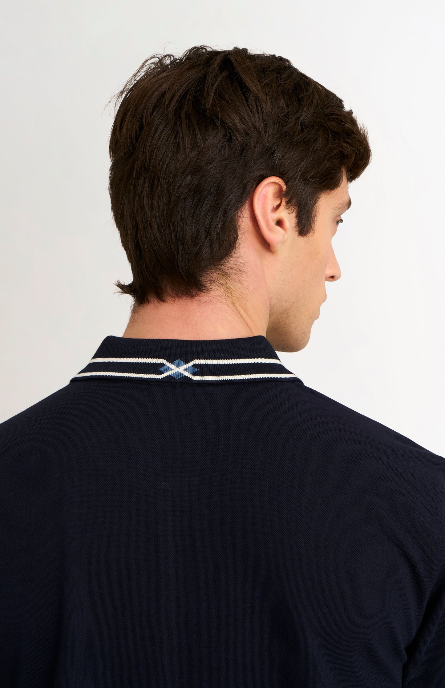 Men's Cotton Pique Polo Shirt With Diamond Jacquard Collar In Navy