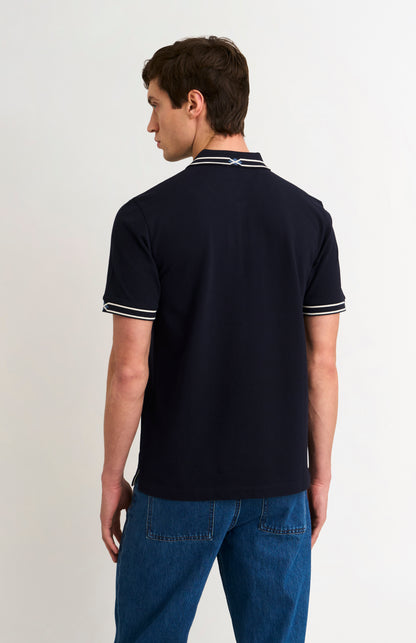 Men's Cotton Pique Polo Shirt With Diamond Jacquard Collar In Navy