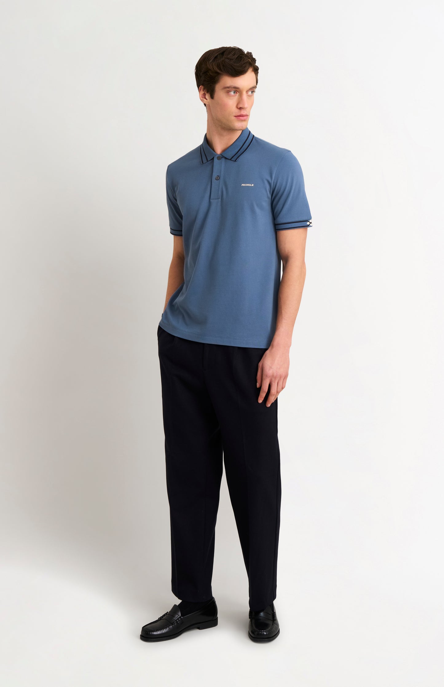 Men's Cotton Pique Polo Shirt With Diamond Jacquard Collar In Blue
