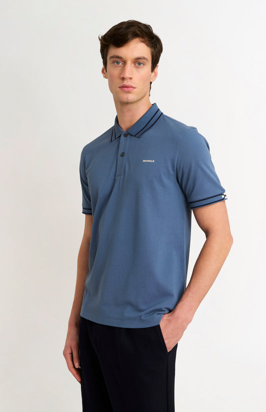 Men's Cotton Pique Polo Shirt With Diamond Jacquard Collar In Blue
