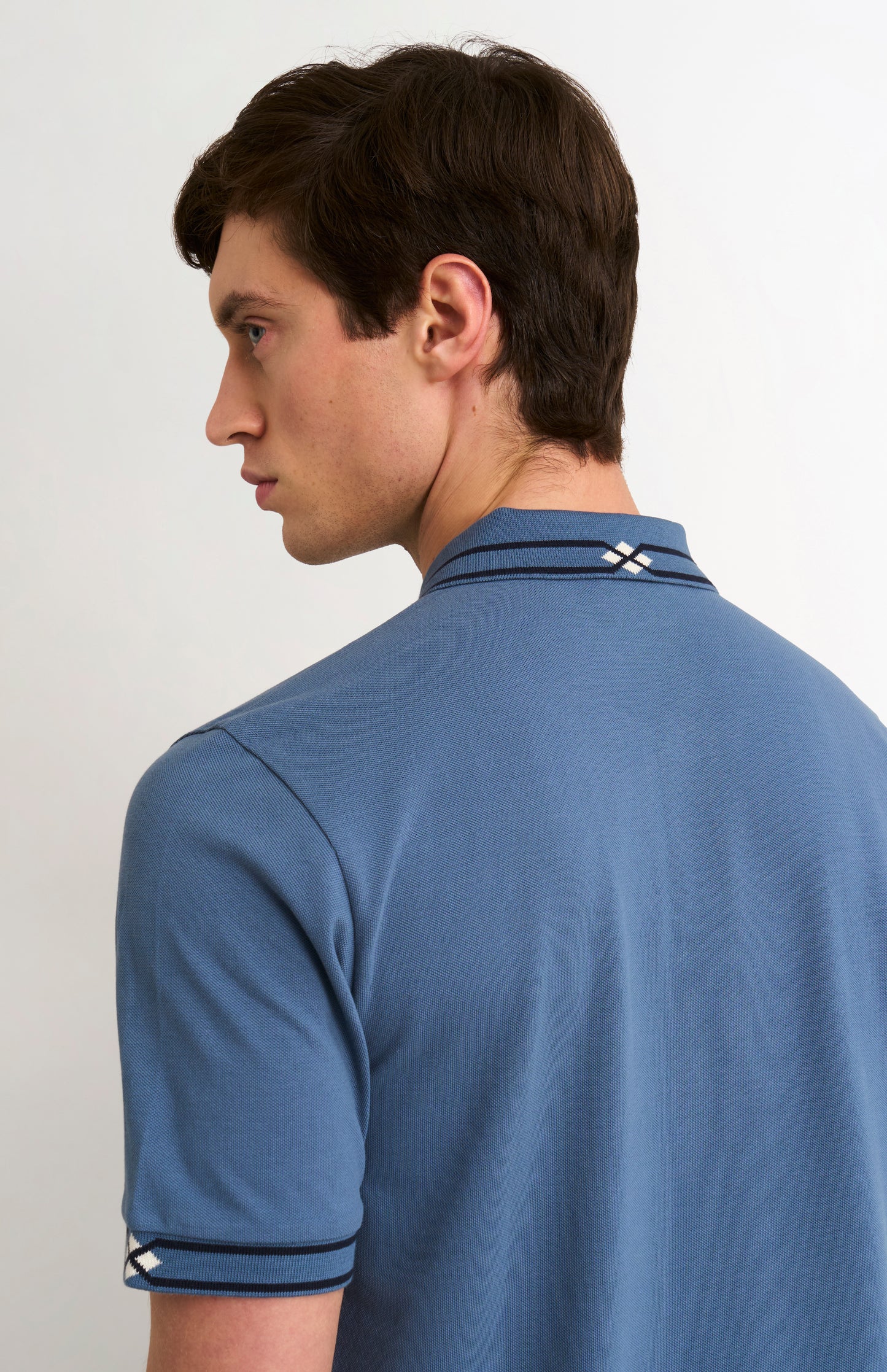 Men's Cotton Pique Polo Shirt With Diamond Jacquard Collar In Blue
