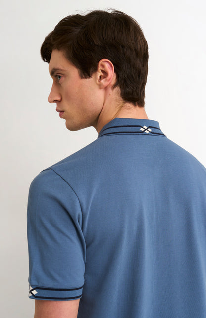 Men's Cotton Pique Polo Shirt With Diamond Jacquard Collar In Blue