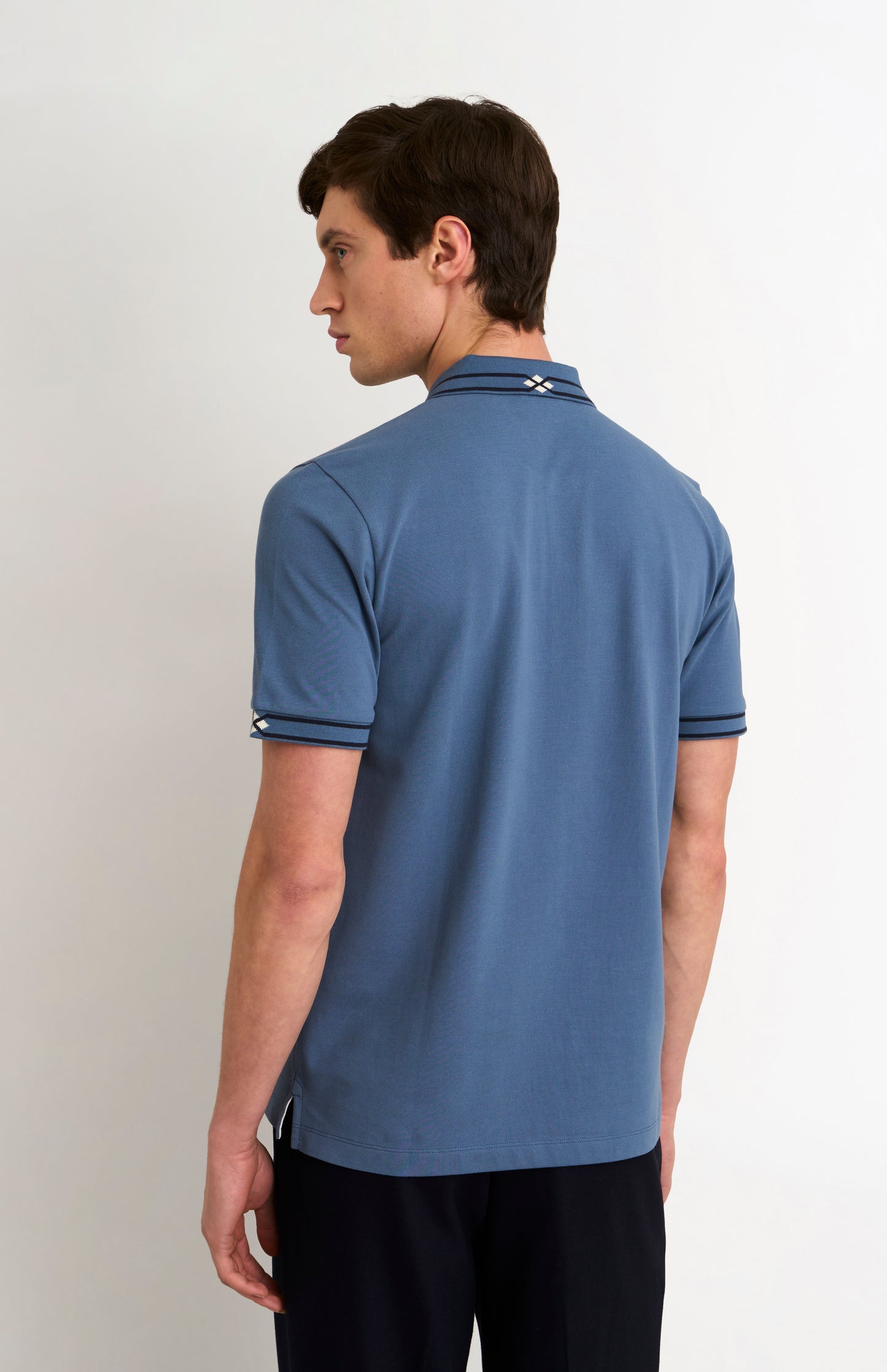 Men's Cotton Pique Polo Shirt With Diamond Jacquard Collar In Blue